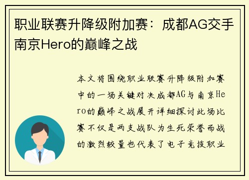 职业联赛升降级附加赛：成都AG交手南京Hero的巅峰之战